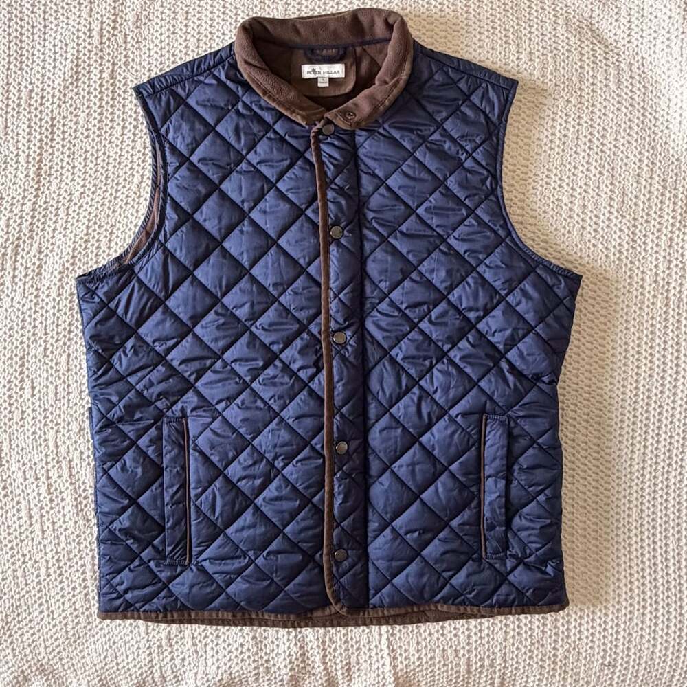 Peter Millar Crown Essex Quilted Travel Vest Navy Brown Fleece Lined Men's L